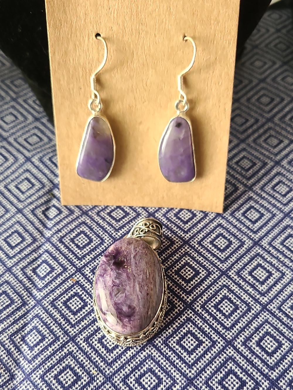 Sterling Silver Charoite Drop Earrings & Pendant with Purple Natural Gemstones